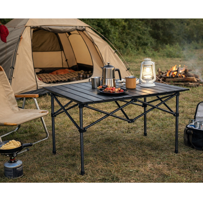 Masa turistica pliabila, cu cadru din aluminiu si geanta de transport Varioshop, impermeabila, pentru camping, gradina si calatorii, cu picioare antiderapante , 118x55x50 cm, neagra [5]