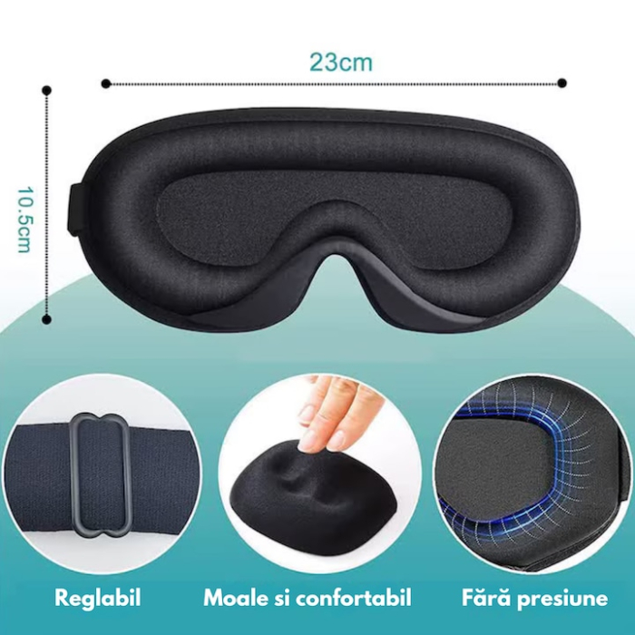 Masca de somn 3D VarioShop®, cu spuma de memorie, confort maxim, blocare totala a luminii, reglabila si lavabila, Negru [6]