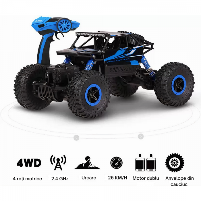 Masina cu Telecomanda VarioShop® pentru Aventuri Off-Road 4x4, Controlata de la Distanta, Rezistenta la Apa si Impact, cu Design Modern, Albastra, Lungime de 27 cm, Ideala pentru copii [3]