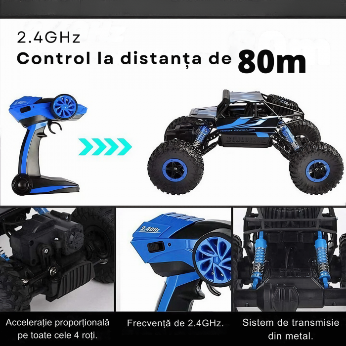 Masina cu Telecomanda VarioShop® pentru Aventuri Off-Road 4x4, Controlata de la Distanta, Rezistenta la Apa si Impact, cu Design Modern, Albastra, Lungime de 27 cm, Ideala pentru copii [8]