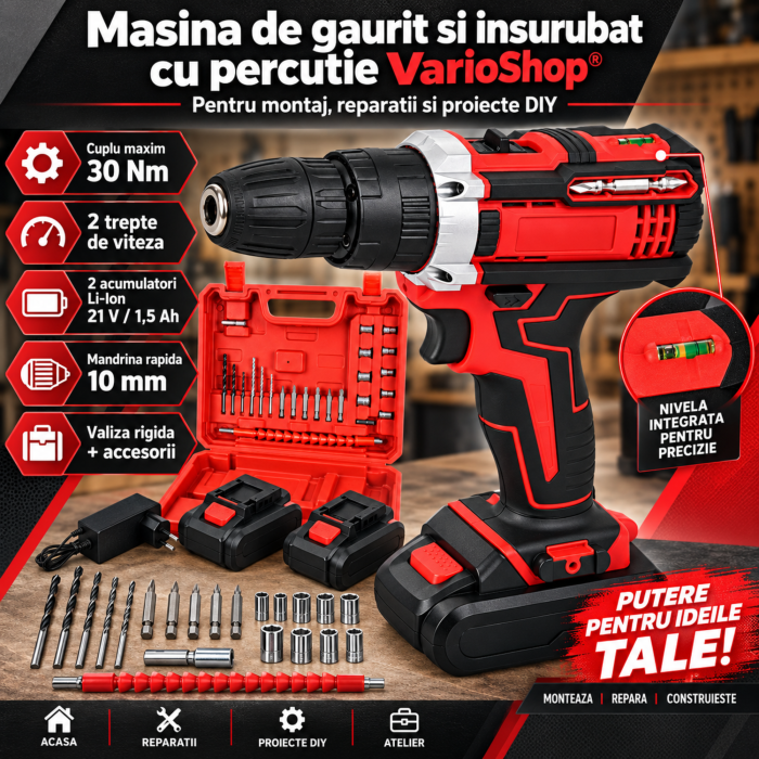 Masina de gaurit si insurubat cu percutie VarioShop®, 21V, 30 Nm, 2 acumulatori 1,5Ah, 2 trepte de viteza, revers, mandrina rapida 10 mm, nivel cu bula, burghie, biti, chei tubulare si valiza [5]