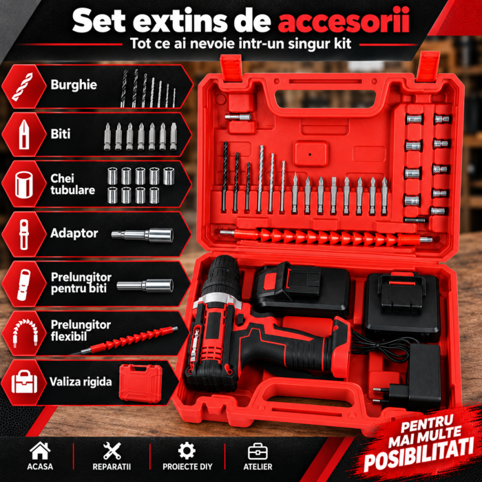 Masina de gaurit si insurubat cu percutie VarioShop®, 21V, 30 Nm, 2 acumulatori 1,5Ah, 2 trepte de viteza, revers, mandrina rapida 10 mm, nivel cu bula, burghie, biti, chei tubulare si valiza [4]