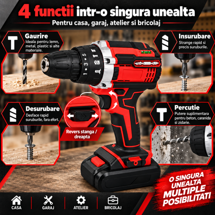 Masina de gaurit si insurubat cu percutie VarioShop®, 21V, 30 Nm, 2 acumulatori 1,5Ah, 2 trepte de viteza, revers, mandrina rapida 10 mm, nivel cu bula, burghie, biti, chei tubulare si valiza [2]