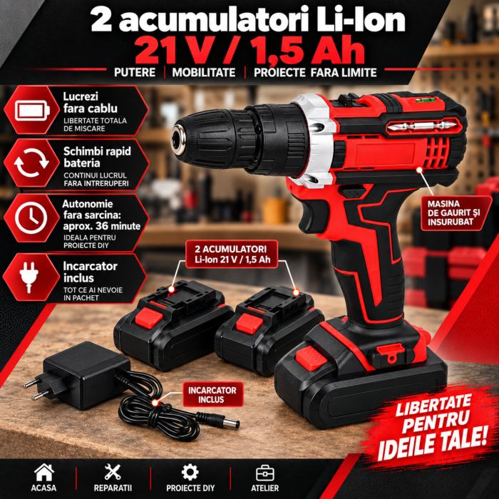 Masina de gaurit si insurubat cu percutie VarioShop®, 21V, 30 Nm, 2 acumulatori 1,5Ah, 2 trepte de viteza, revers, mandrina rapida 10 mm, nivel cu bula, burghie, biti, chei tubulare si valiza [3]