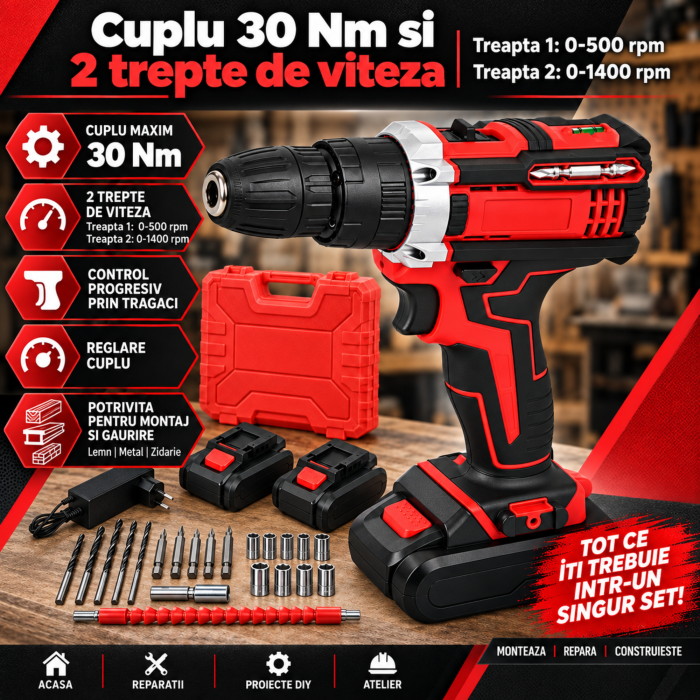 Masina de gaurit si insurubat cu percutie VarioShop®, 21V, 30 Nm, 2 acumulatori 1,5Ah, 2 trepte de viteza, revers, mandrina rapida 10 mm, nivel cu bula, burghie, biti, chei tubulare si valiza [7]