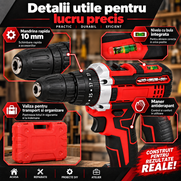 Masina de gaurit si insurubat cu percutie VarioShop®, 21V, 30 Nm, 2 acumulatori 1,5Ah, 2 trepte de viteza, revers, mandrina rapida 10 mm, nivel cu bula, burghie, biti, chei tubulare si valiza [6]