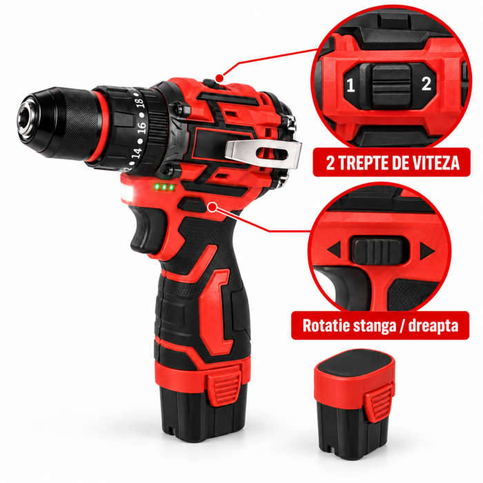 Masina de gaurit si insurubat VarioShop®, bormasina brushless cu percutie, 2 acumulatori 16,8V, cuplu 50Nm, geanta de transport, rosu/negru [6]