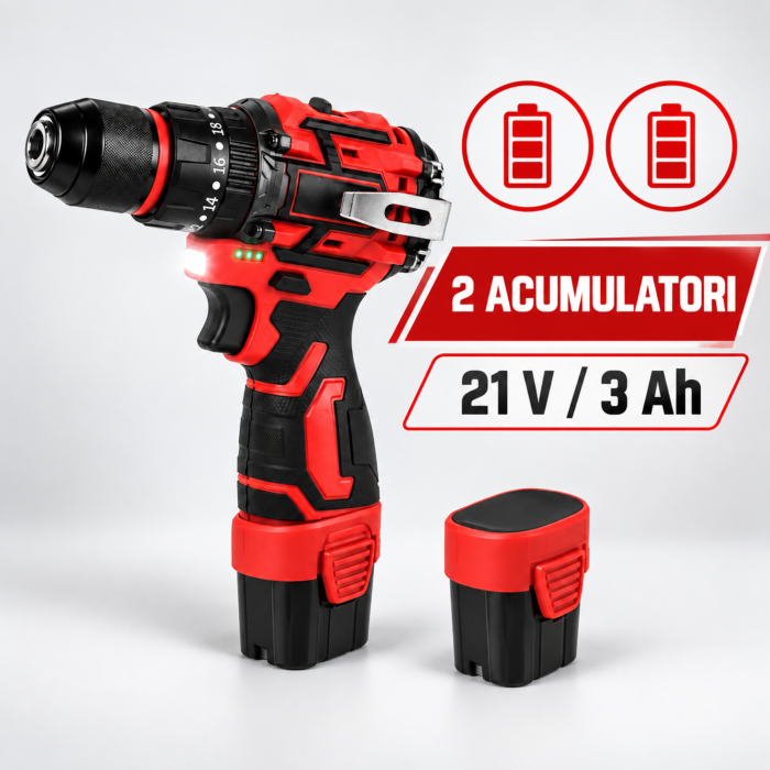 Masina de gaurit si insurubat VarioShop®, bormasina brushless cu percutie, 2 acumulatori 16,8V, cuplu 50Nm, geanta de transport, rosu/negru [8]