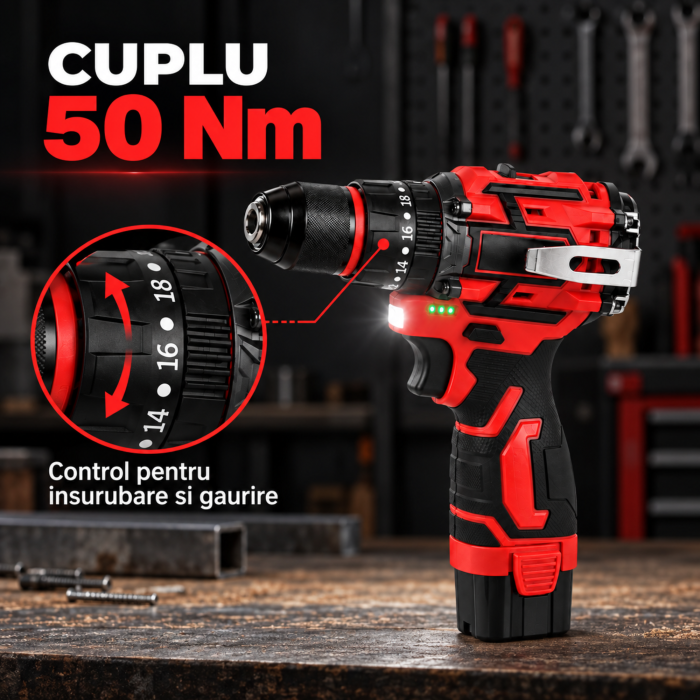 Masina de gaurit si insurubat VarioShop®, bormasina brushless cu percutie, 2 acumulatori 16,8V, cuplu 50Nm, geanta de transport, rosu/negru [7]
