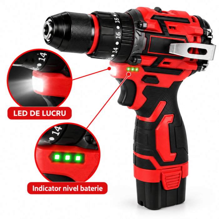 Masina de gaurit si insurubat VarioShop®, bormasina brushless cu percutie, 2 acumulatori 16,8V, cuplu 50Nm, geanta de transport, rosu/negru [10]