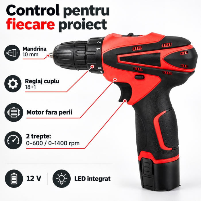 Masina de gaurit si insurubat VarioShop®, brushless, 12V, 28 Nm, 2 acumulatori Li-Ion 2Ah, 2 viteze, 18+1 trepte, mandrina 10 mm, 24 accesorii si valiza [8]