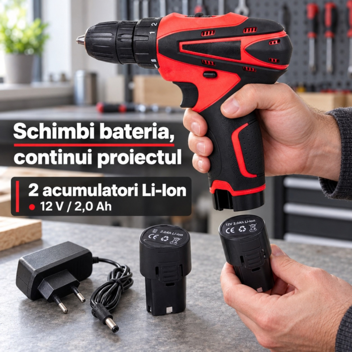 Masina de gaurit si insurubat VarioShop®, brushless, 12V, 28 Nm, 2 acumulatori Li-Ion 2Ah, 2 viteze, 18+1 trepte, mandrina 10 mm, 24 accesorii si valiza [7]