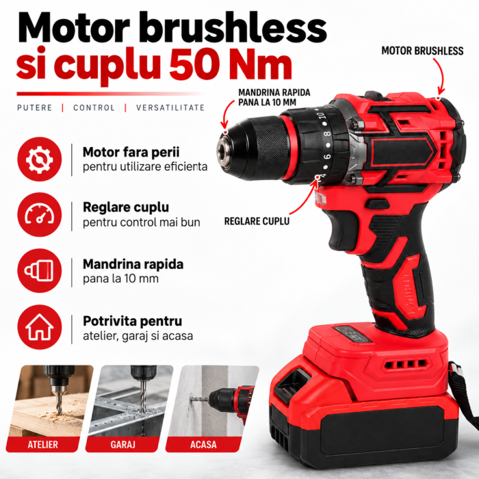 Masina de gaurit si insurubat VarioShop®, brushless, 21V, 50 Nm, 2 acumulatori Li-Ion 3Ah, 2 viteze, mandrina 10 mm, incarcator si valiza [5]