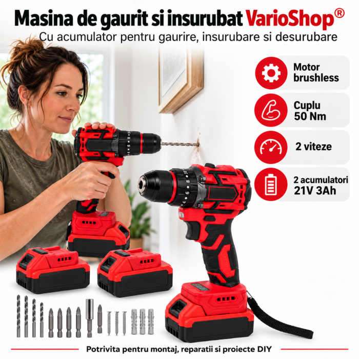 Masina de gaurit si insurubat VarioShop®, brushless, 21V, 50 Nm, 2 acumulatori Li-Ion 3Ah, 2 viteze, mandrina 10 mm, incarcator si valiza [4]