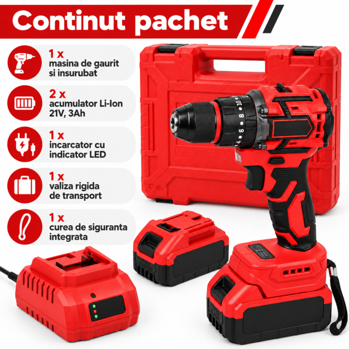 Masina de gaurit si insurubat VarioShop®, brushless, 21V, 50 Nm, 2 acumulatori Li-Ion 3Ah, 2 viteze, mandrina 10 mm, incarcator si valiza [6]