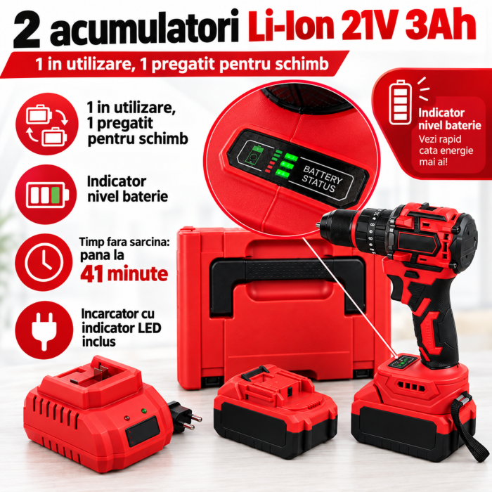 Masina de gaurit si insurubat VarioShop®, brushless, 21V, 50 Nm, 2 acumulatori Li-Ion 3Ah, 2 viteze, mandrina 10 mm, incarcator si valiza [3]