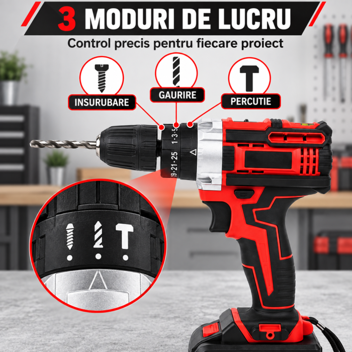 Masina de gaurit si insurubat VarioShop®, cu percutie, 2 baterii Li-Ion 21V, burghie, biti, unelte manuale si geanta de transport, rosu/negru [7]