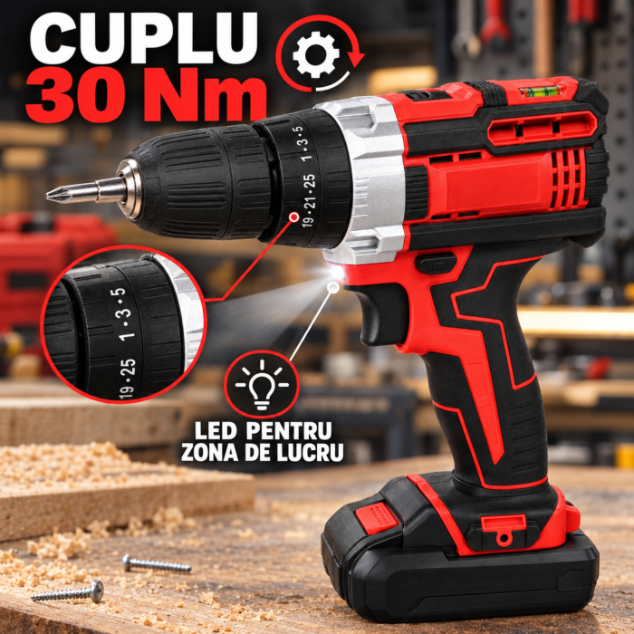 Masina de gaurit si insurubat VarioShop®, cu percutie, 2 baterii Li-Ion 21V, burghie, biti, unelte manuale si geanta de transport, rosu/negru [11]