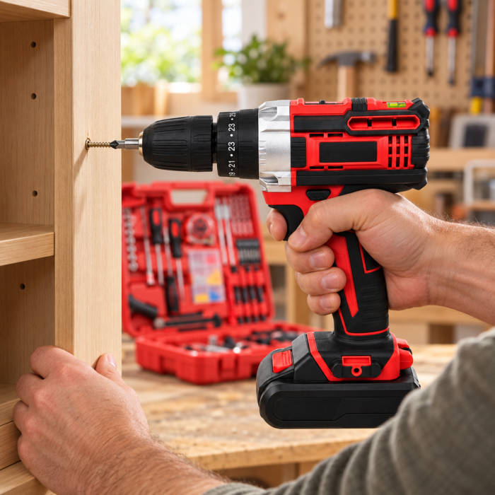 Masina de gaurit si insurubat VarioShop®, cu percutie, 2 baterii Li-Ion 21V, burghie, biti, unelte manuale si geanta de transport, rosu/negru [10]