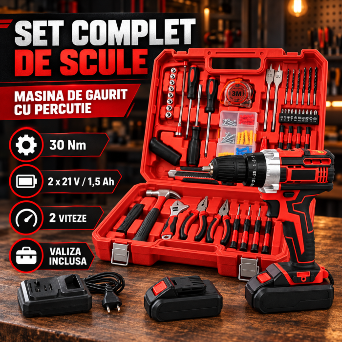 Masina de gaurit si insurubat VarioShop®, cu percutie, 2 baterii Li-Ion 21V, burghie, biti, unelte manuale si geanta de transport, rosu/negru [6]