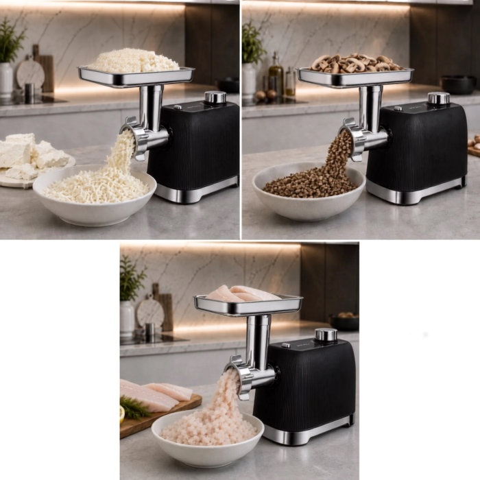 Masina de tocat carne VarioShop® 2400 W, functie Reverse, 3 site inox de 2/4/6 mm, angrenaje metalice, accesorii pentru carnati si kebbe, 3 trepte de maruntire, 2–2,5 kg/minut [10]