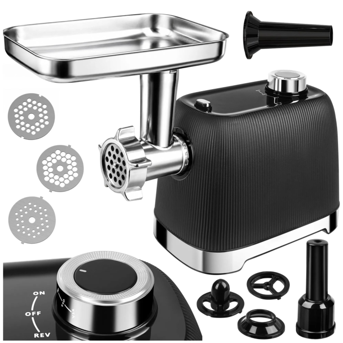 Masina de tocat carne VarioShop® 2400 W, functie Reverse, 3 site inox de 2/4/6 mm, angrenaje metalice, accesorii pentru carnati si kebbe, 3 trepte de maruntire, 2–2,5 kg/minut [12]