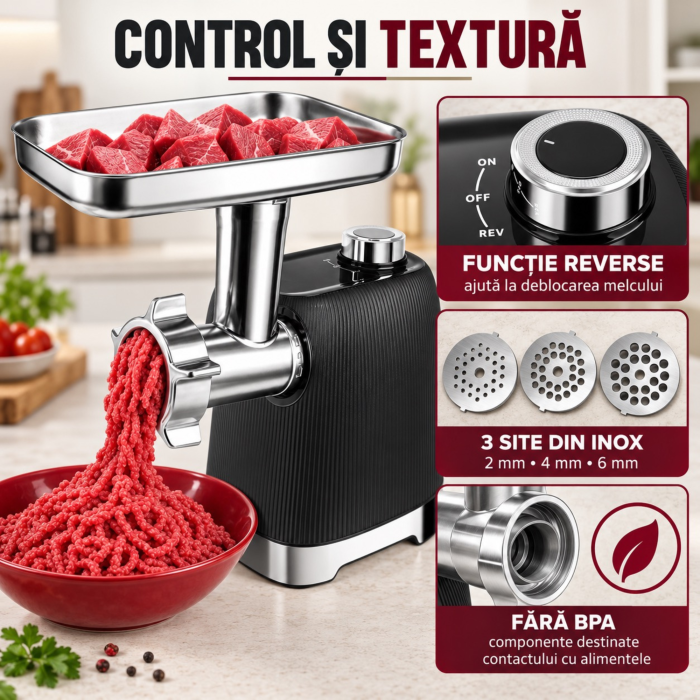 Masina de tocat carne VarioShop® 2400 W, functie Reverse, 3 site inox de 2/4/6 mm, angrenaje metalice, accesorii pentru carnati si kebbe, 3 trepte de maruntire, 2–2,5 kg/minut [6]