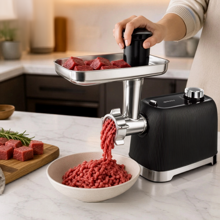 Masina de tocat carne VarioShop® 2400 W, functie Reverse, 3 site inox de 2/4/6 mm, angrenaje metalice, accesorii pentru carnati si kebbe, 3 trepte de maruntire, 2–2,5 kg/minut [11]
