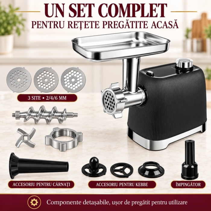 Masina de tocat carne VarioShop® 2400 W, functie Reverse, 3 site inox de 2/4/6 mm, angrenaje metalice, accesorii pentru carnati si kebbe, 3 trepte de maruntire, 2–2,5 kg/minut [2]