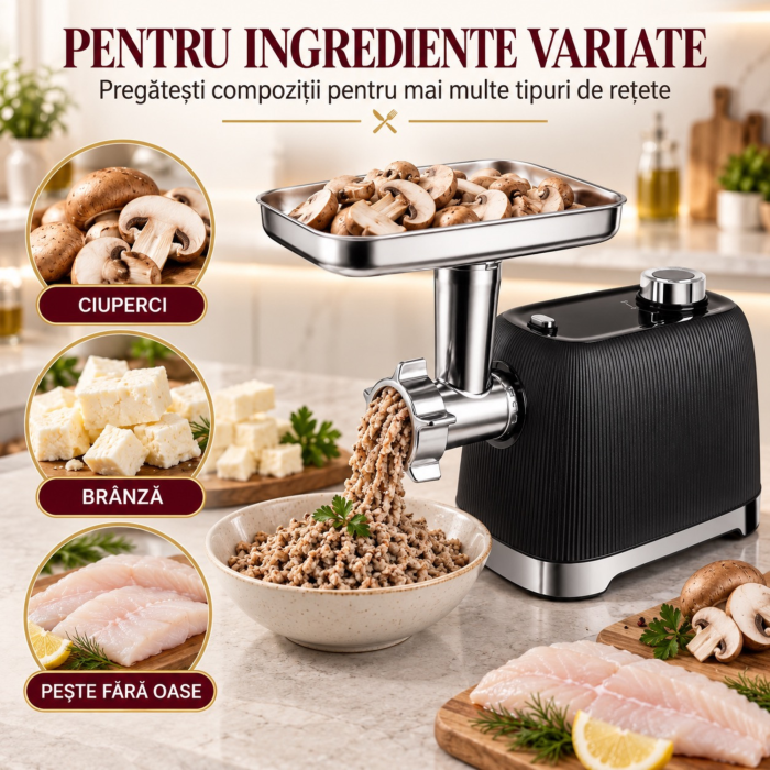 Masina de tocat carne VarioShop® 2400 W, functie Reverse, 3 site inox de 2/4/6 mm, angrenaje metalice, accesorii pentru carnati si kebbe, 3 trepte de maruntire, 2–2,5 kg/minut [9]