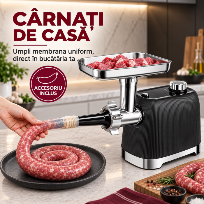 Masina de tocat carne VarioShop® 2400 W, functie Reverse, 3 site inox de 2/4/6 mm, angrenaje metalice, accesorii pentru carnati si kebbe, 3 trepte de maruntire, 2–2,5 kg/minut [3]