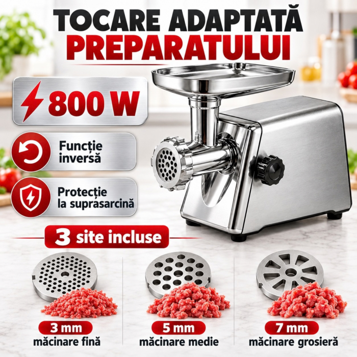 Masina de tocat carne VarioShop®, 800W, functie Reverse, 3 site 3/5/7 mm, accesoriu pentru carnati, protectie la suprasarcina, inox/plastic [6]