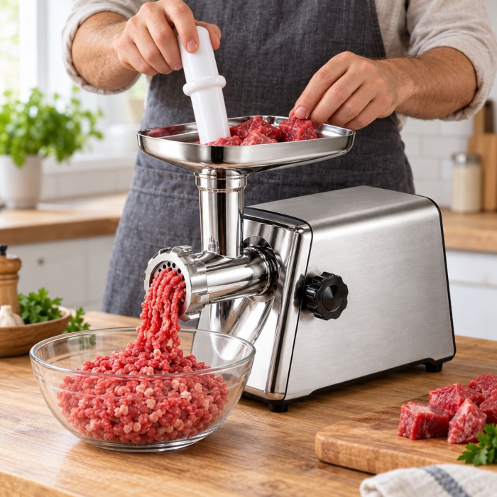 Masina de tocat carne VarioShop®, 800W, functie Reverse, 3 site 3/5/7 mm, accesoriu pentru carnati, protectie la suprasarcina, inox/plastic [5]