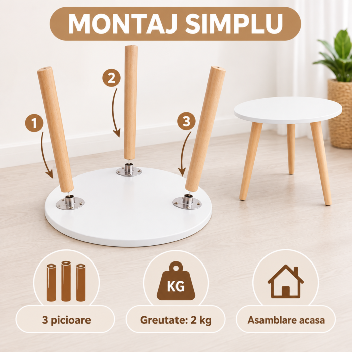 Masuta rotunda VarioShop®, pentru cafea si decor, compacta, cu picioare din lemn natural, 40 x 40 x 40 cm [6]