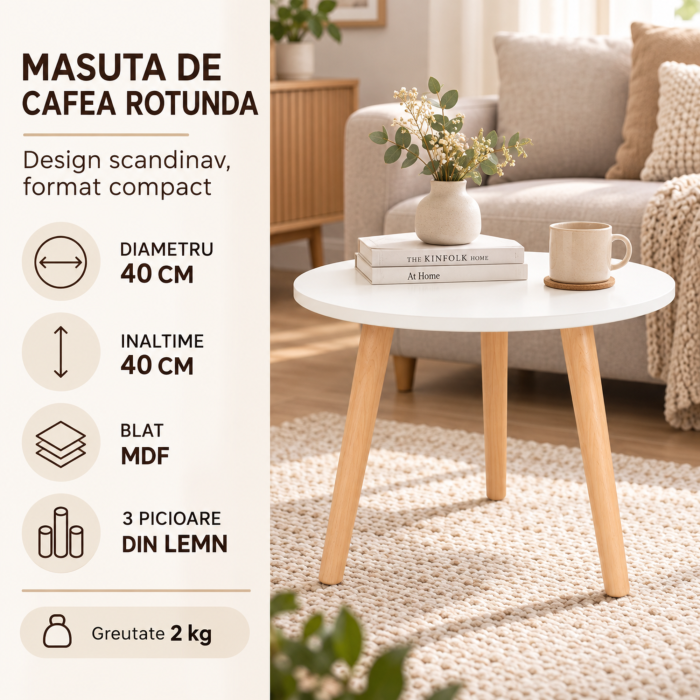 Masuta rotunda VarioShop®, pentru cafea si decor, compacta, cu picioare din lemn natural, 40 x 40 x 40 cm [8]