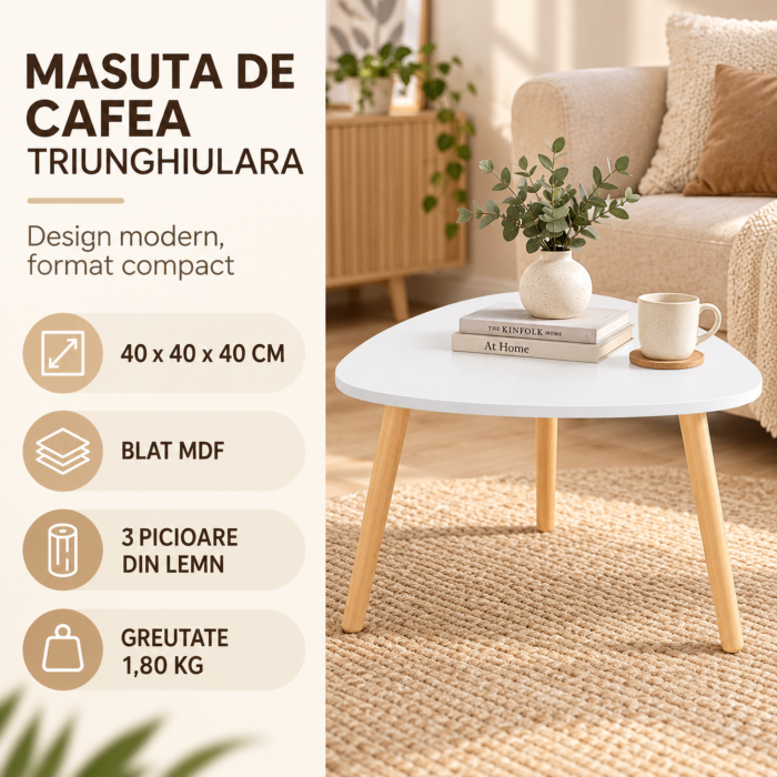 Masuta triunghiulara VarioShop®, pentru cafea si decor, compacta, cu picioare din lemn natural, 40 x 40 x 40 cm [8]