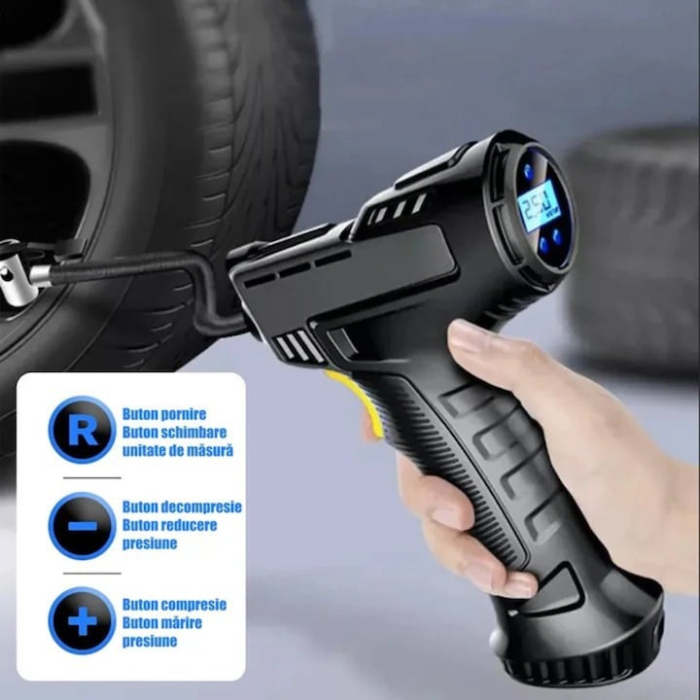 Mini Compresor Auto Portabil Tip Pistol VarioShop®, Cablu 2.8 m, 10 BAR / 150 PSI, Display Digital, Lampa LED [6]