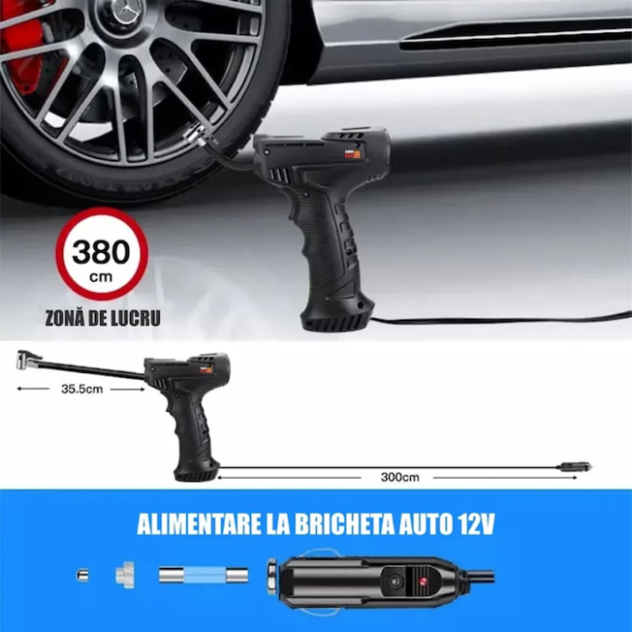 Mini Compresor Auto Portabil Tip Pistol VarioShop®, Cablu 2.8 m, 10 BAR / 150 PSI, Display Digital, Lampa LED [8]