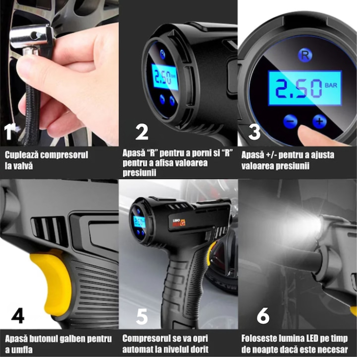 Mini Compresor Auto Portabil Tip Pistol VarioShop®, Cablu 2.8 m, 10 BAR / 150 PSI, Display Digital, Lampa LED [3]