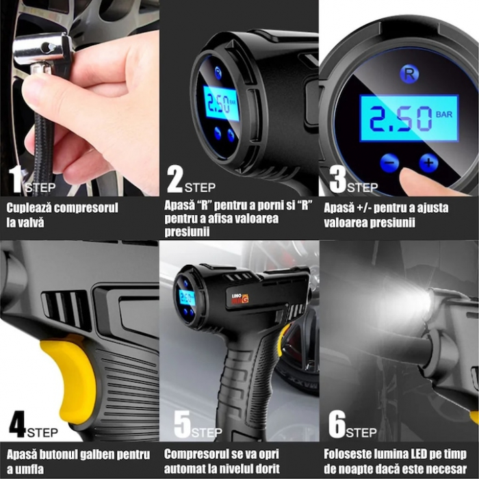Mini Compresor Auto Portabil Tip Pistol, VarioShop®, Cablu 3m, 10 BAR / 150 PSI, Display Digital, Lampa LED [9]