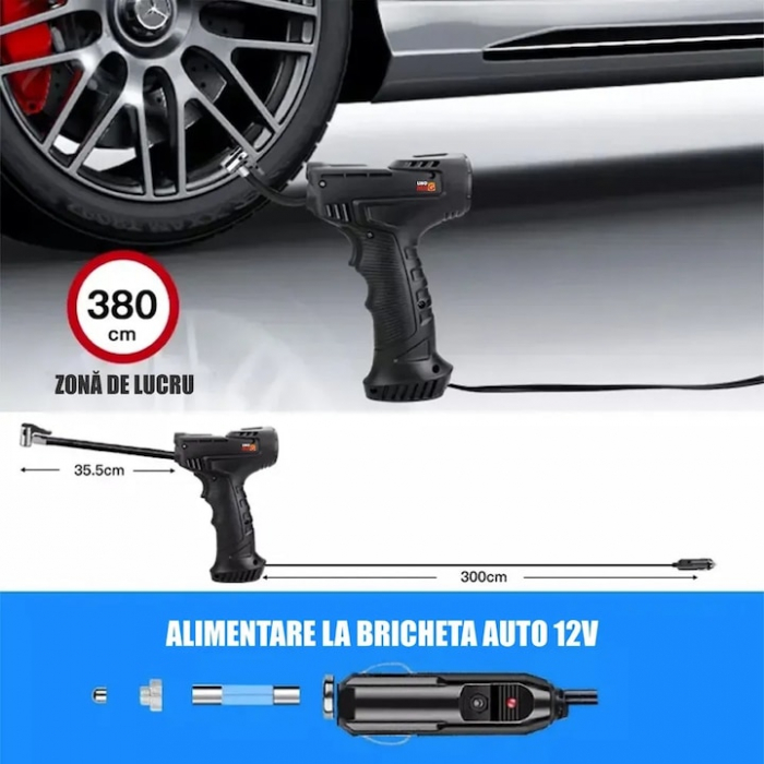 Mini Compresor Auto Portabil Tip Pistol, VarioShop®, Cablu 3m, 10 BAR / 150 PSI, Display Digital, Lampa LED [7]