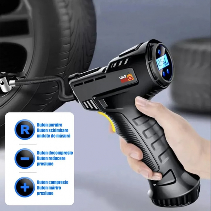Mini Compresor Auto Portabil Tip Pistol, VarioShop®, Cablu 3m, 10 BAR / 150 PSI, Display Digital, Lampa LED [6]
