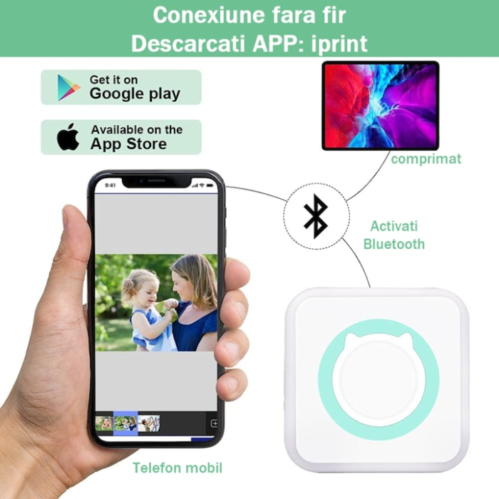 Mini imprimanta termica portabila VarioShop®, Bluetooth, fara cerneala, pentru fotografii, liste si notite, cu baterie reincarcabila si rola inclusa, Alb [4]