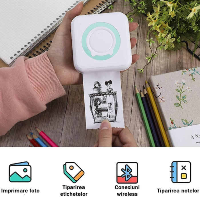 Mini imprimanta termica portabila VarioShop®, Bluetooth, fara cerneala, pentru fotografii, liste si notite, cu baterie reincarcabila si rola inclusa, Alb [2]