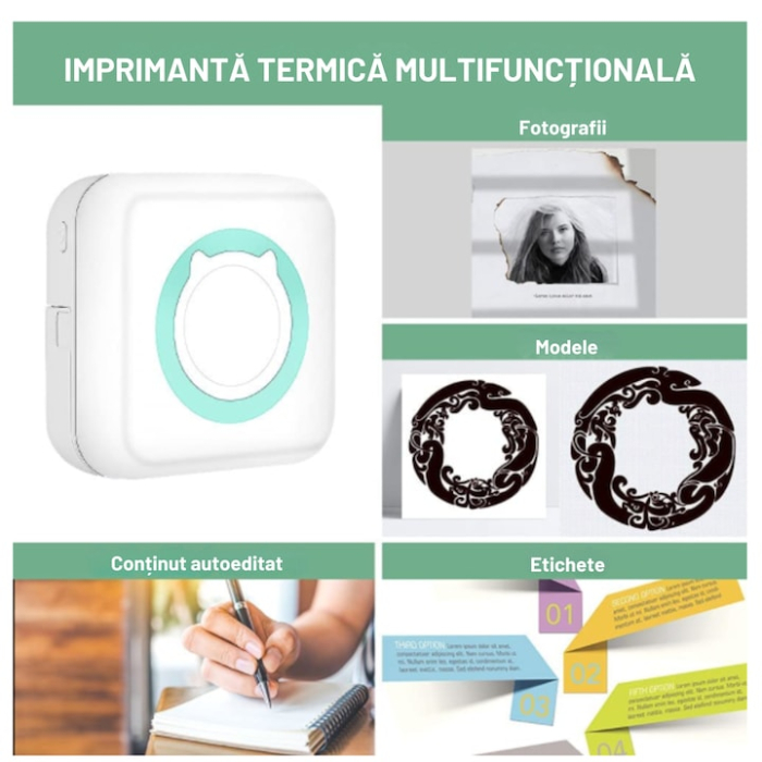 Mini imprimanta termica portabila VarioShop®, Bluetooth, fara cerneala, pentru fotografii, liste si notite, cu baterie reincarcabila si rola inclusa, Alb [6]