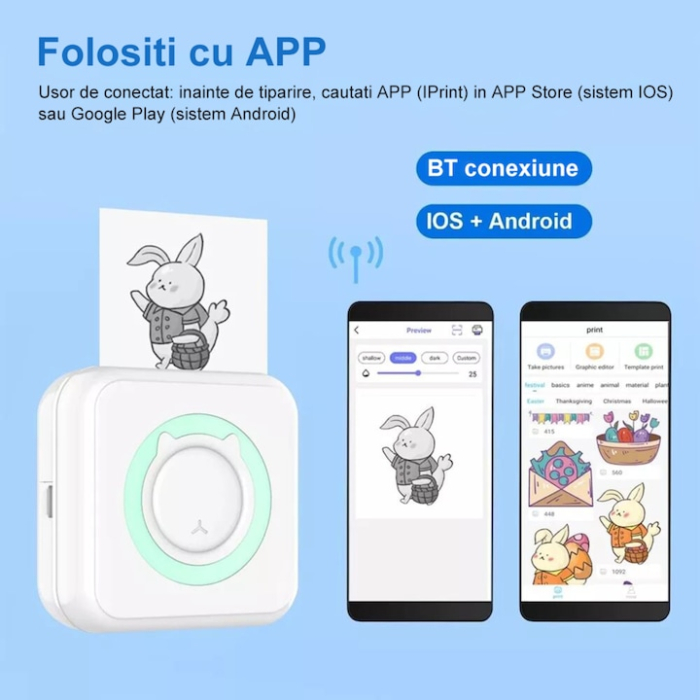 Mini imprimanta termica portabila VarioShop®, Bluetooth, fara cerneala, pentru fotografii, liste si notite, cu baterie reincarcabila si rola inclusa, Alb [3]