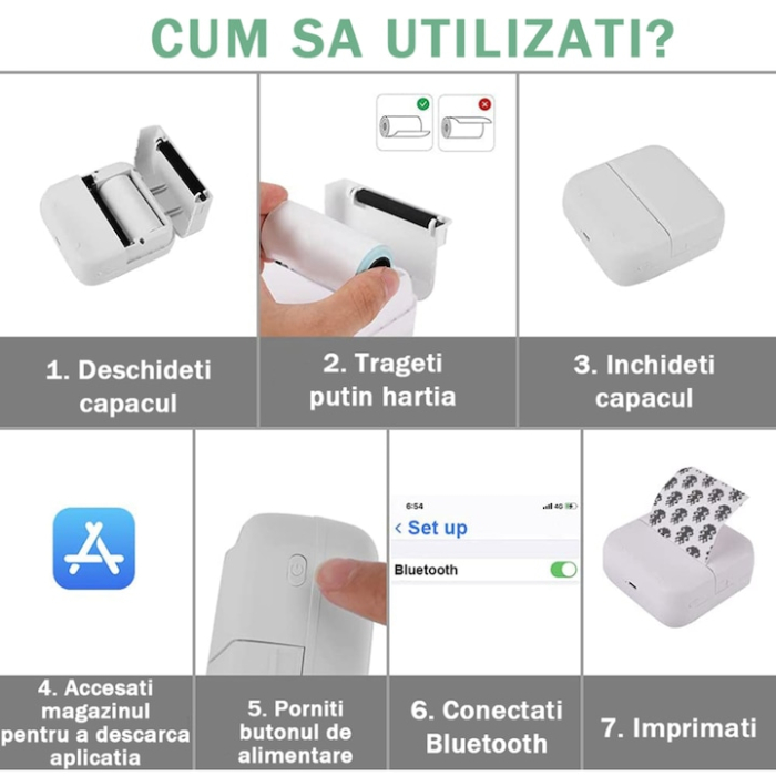 Mini imprimanta termica portabila VarioShop®, Bluetooth, fara cerneala, pentru fotografii, liste si notite, cu baterie reincarcabila si rola inclusa, Alb [5]