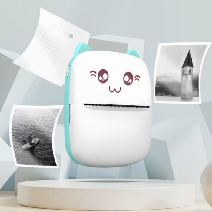 Mini imprimanta termica VarioShop®, Bluetooth, Compatibil iOS/Android, Imprimare APP, 1200 mAh, rola termica inclusa, model pisicuta cu urechiuse albastre, 11 x 8 x 4 cm Alb/albastru [8]