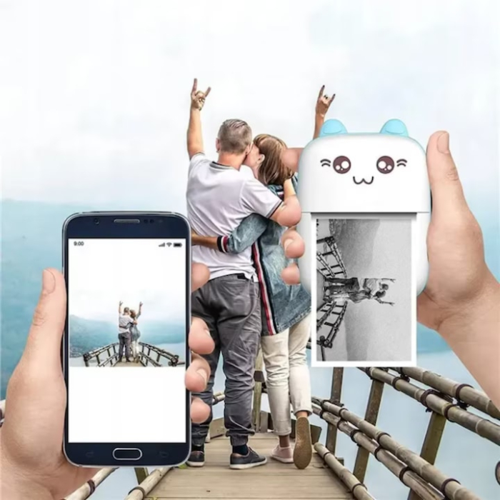 Mini imprimanta termica VarioShop®, Bluetooth, Compatibil iOS/Android, Imprimare APP, 1200 mAh, rola termica inclusa, model pisicuta cu urechiuse albastre, 11 x 8 x 4 cm Alb/albastru [4]