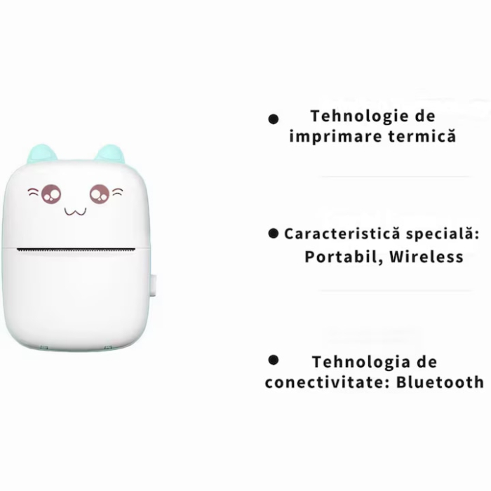 Mini imprimanta termica VarioShop®, Bluetooth, Compatibil iOS/Android, Imprimare APP, 1200 mAh, rola termica inclusa, model pisicuta cu urechiuse albastre, 11 x 8 x 4 cm Alb/albastru [3]